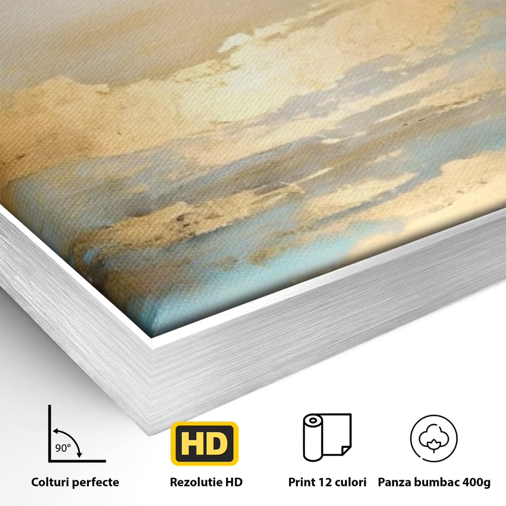 Detaliu al suprafetei: tablou canvas cu peisaj marin abstract, in rama de aluminiu argintiu